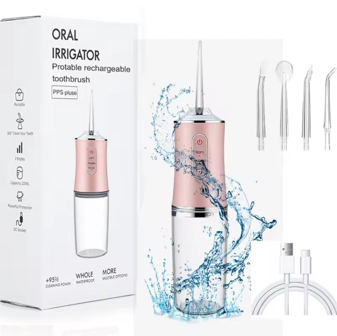 USB portable Oral Irriagtor Water Flosser Dental. Water Jet Tools Pick Cleaning Teeth 200ML. 4 Nozzles Mouth Oral Cleaning Agents.